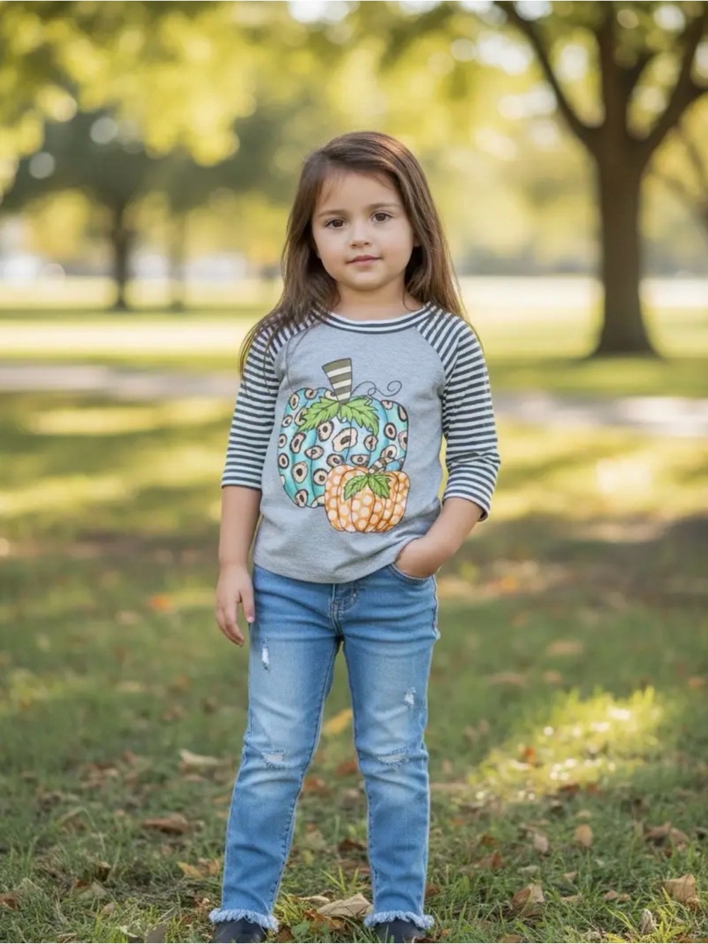 Girls' Grey Pumpkin Raglan Top with Striped Sleeves